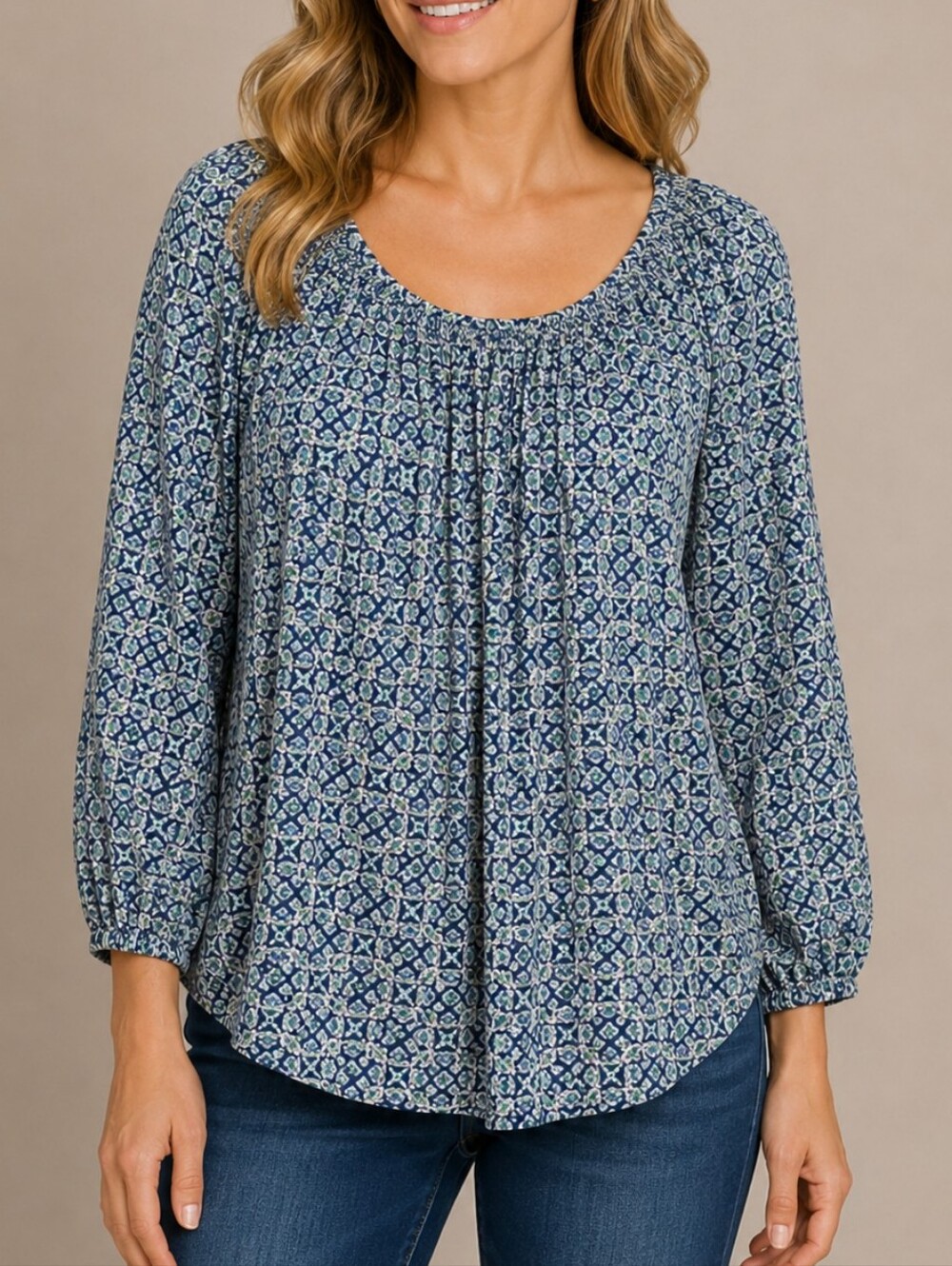 MICHAEL KORS | Women's Blue Green Medallion Tile Print Blouse Size L